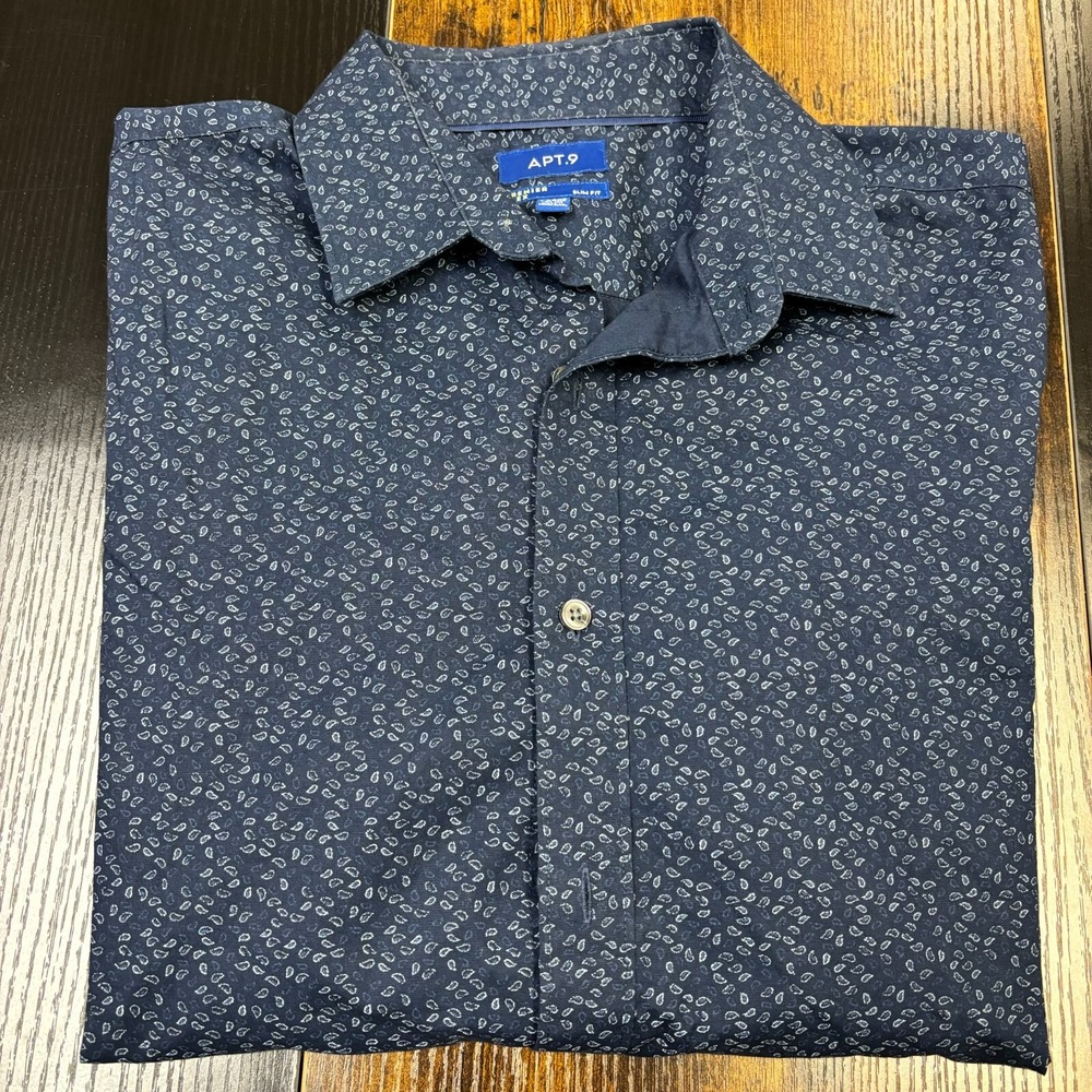 Apt. 9 Men's SLIM FIT Premier Flex Long Sleeve Blue Paisley Shirt Large
